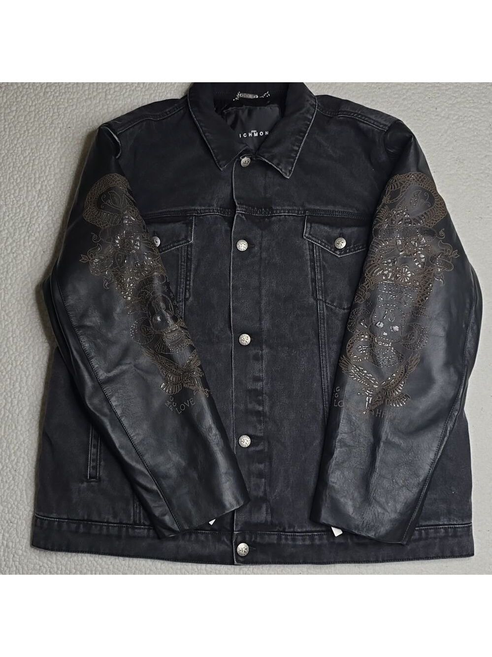 John Richmond - Denim and Laser Cut Leather Jacket in Black Large - Picture 5 of 16